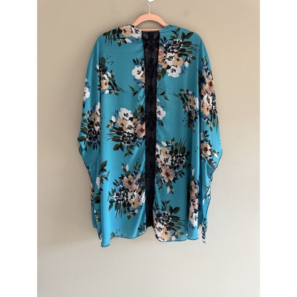 Floral Kimono Cardigan Lace Crochet Sheer Cottage Beach Boho Open Front Duster M - Picture 7 of 15